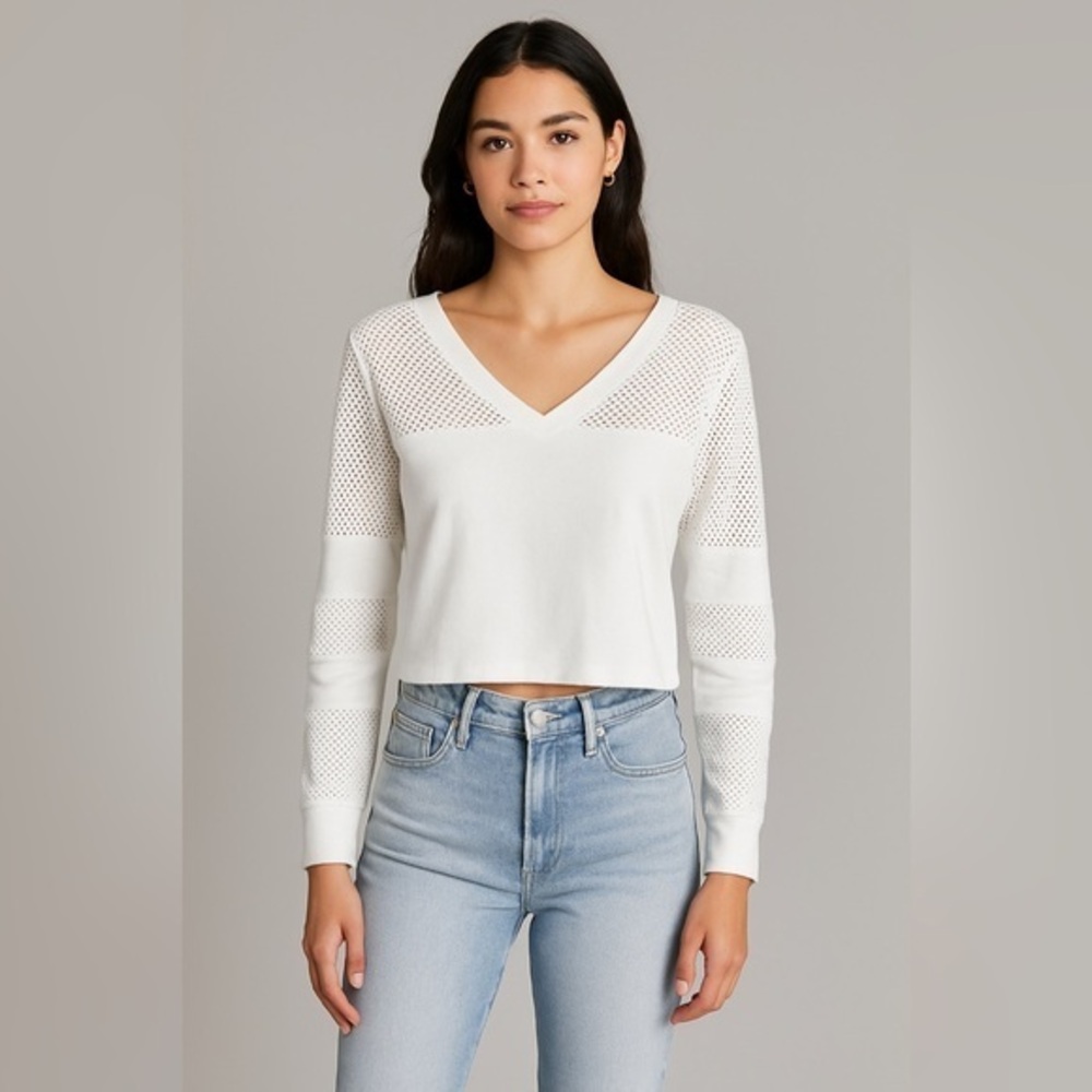 Electric and Rose White Mesh Contrast Long Sleeve Cropped Sweater NWT L #1902